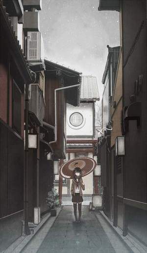 Girl with umbrella in a rainy alleyway