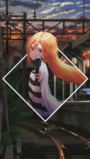 Anime girl with a gun at a train station