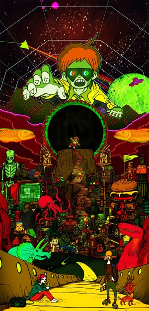 Surreal cosmic cityscape with cartoon characters and creatures