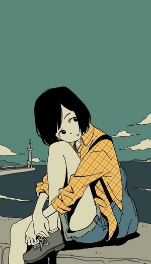 Girl sitting by the coast with a lighthouse