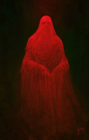 Dark fantasy artwork of a red spectral figure with a skull face