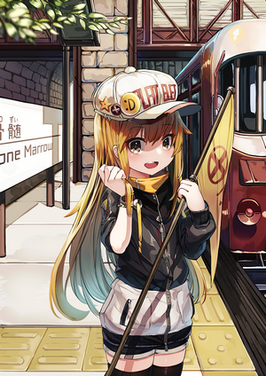 Anime girl with blonde hair holding a flag
