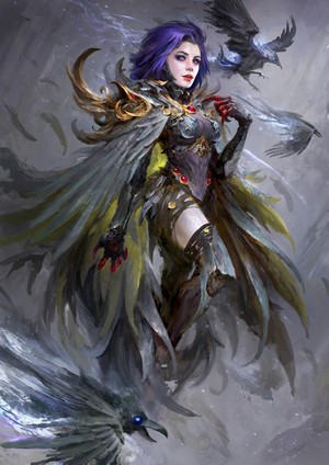Fantasy woman with purple hair and crows