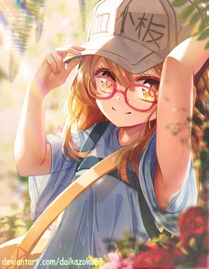 Platelet-chan from Hataraku Saibou wearing glasses and a hat