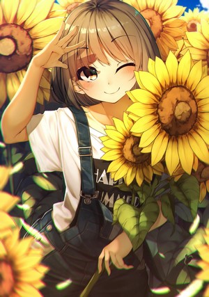 Anime girl with sunflowers wearing overalls