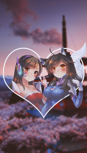 D.Va and Ahri from Overwatch in a heart frame