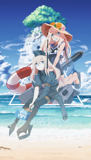 Two anime girls from Kantai Collection on a beach