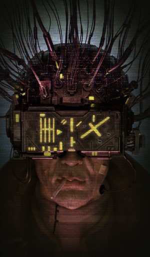 Cyborg with wires and VR headset smoking a cigarette