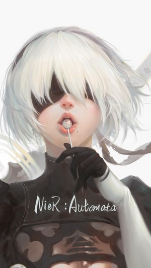 NieR, artwork, lollipop, anime girls, sword, face, androids, short hair ...