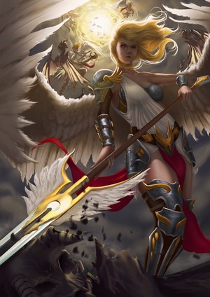 Artwork of a warrior angel with a spear
