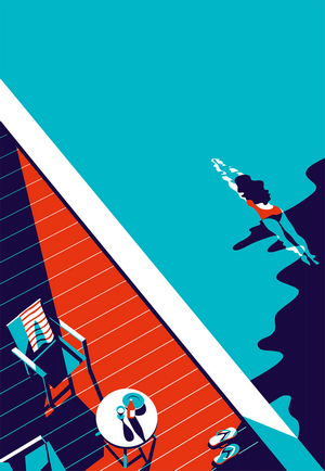 Woman diving into a swimming pool next to a deck