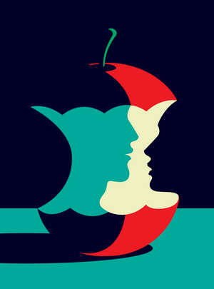 Optical illusion of faces within an apple core
