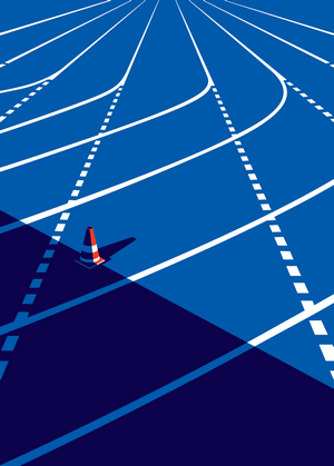 Minimalist artwork of a traffic cone on a blue running track