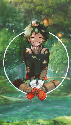 Izuku Midoriya from Boku no Hero Academia smiling in a forest
