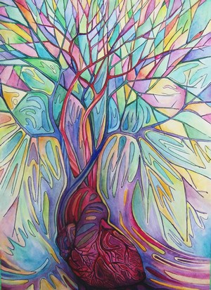 Watercolor painting of a heart with tree-like branches