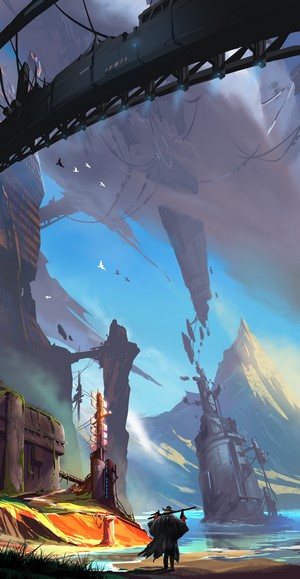 Fantasy landscape with a lone traveler and a train