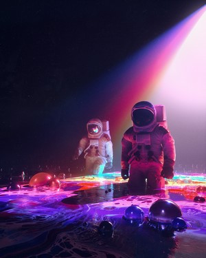Astronauts in a colorful, bubbly alien landscape