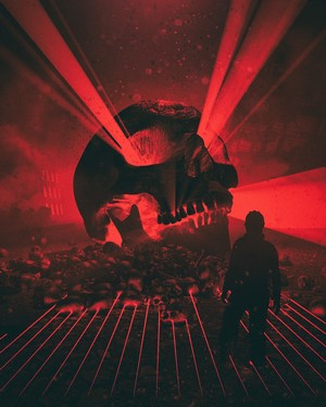 Giant Skull with Red Beams and a Silhouette