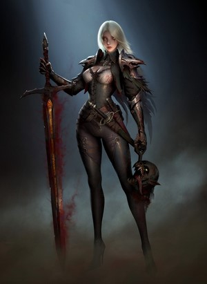 Fantasy warrior woman with sword and trophy