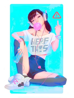 D.Va from Overwatch blowing bubblegum