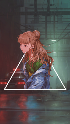 Anime girl with headphones in a rainy city