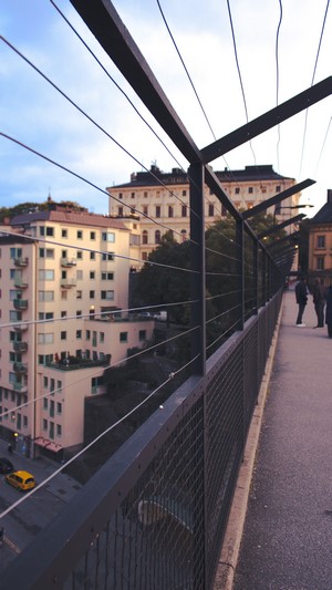 Buildings and a bridge railing in Stockholm, Sweden