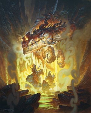 Dragon emerging from cave with knights and dwarf