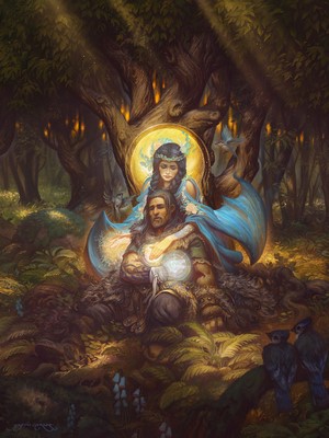Couple in forest with glowing orb, concept art