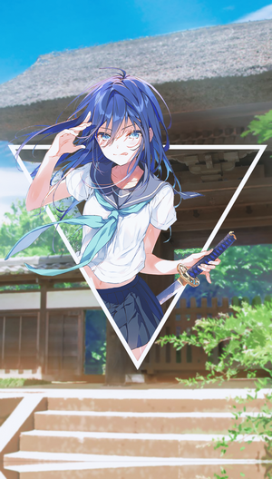 Anime girl with blue hair and katana