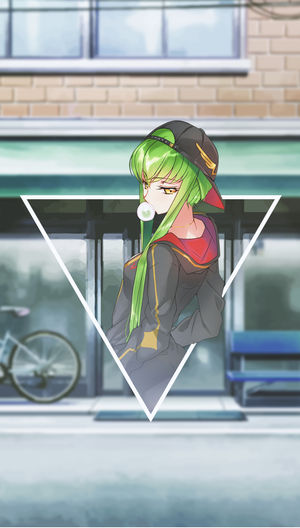 C.C. from Code Geass blowing bubblegum