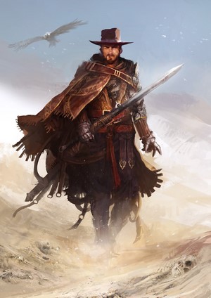 Fantasy art of a man with a sword in the desert