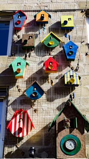 Colorful birdhouses on a brick wall