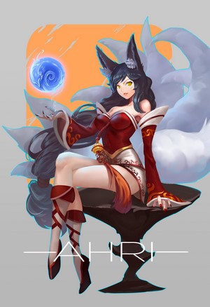 Ahri from League of Legends with fox ears and tails