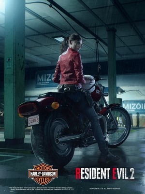 Claire Redfield from Resident Evil 2 on a Harley-Davidson motorcycle