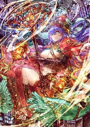 Anime girl with purple hair and ornate outfit holding a staff