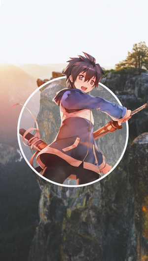 Anime boy with sword on mountain cliff