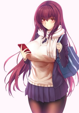 Scathach from Fate/Grand Order holding a phone