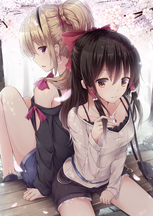 Anime girls sitting under cherry blossoms