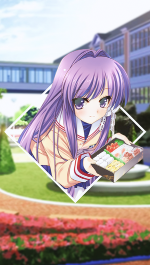 Kyou Fujibayashi from Clannad holding a bento box