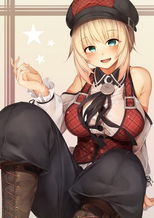 Anime girl with blonde hair and green eyes wearing a hat