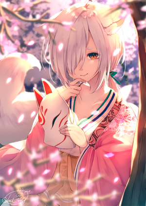 Fox girl in kimono holding a mask with cherry blossoms