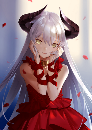 Anime girl with white hair and horns in red dress