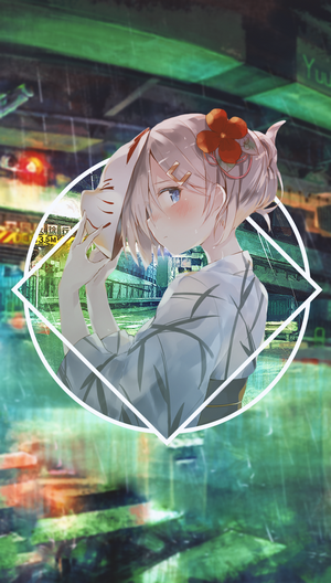 Anime girl in kimono holding a fox mask