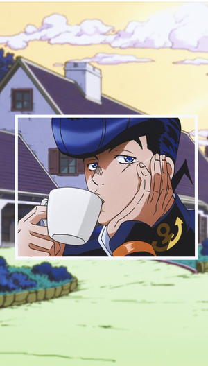 Josuke Higashikata from JoJo's Bizarre Adventure drinking coffee