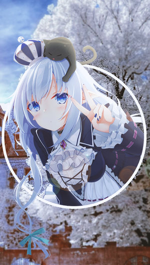 Anime girl with cat on head and winter background