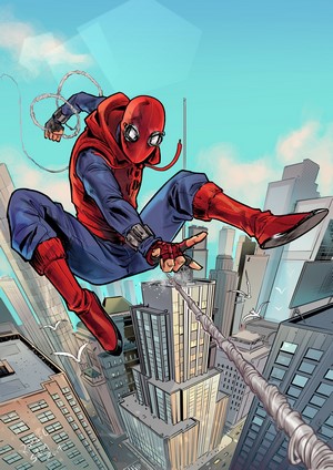 Spider-Man in his homemade suit swings through a city