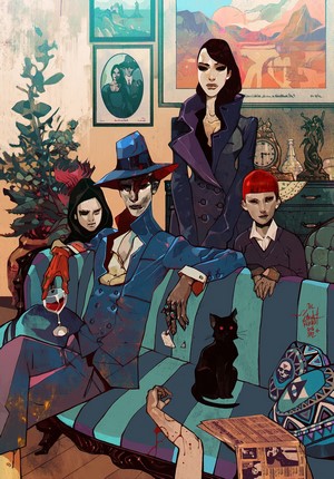 Family portrait with a man in a blue suit and hat