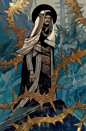 Man in mantle with thorns and skeletal figures