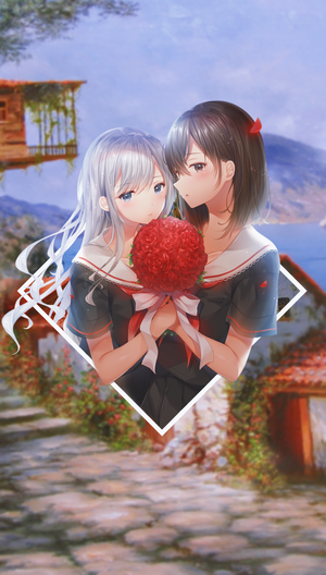 Two anime girls holding a bouquet of roses