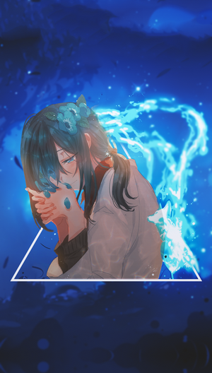 Anime girl with blue flowers and spirit fox